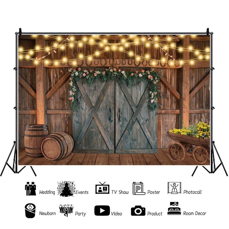 Leowefowa Shabby Chic Countryside Wedding Backdrop 10x8ft Rustic Floral Barn Door Light Strings Barrels Photography Background Bridal Shower Photo Booth Western Themed Party Banner Studio Props - Image 4